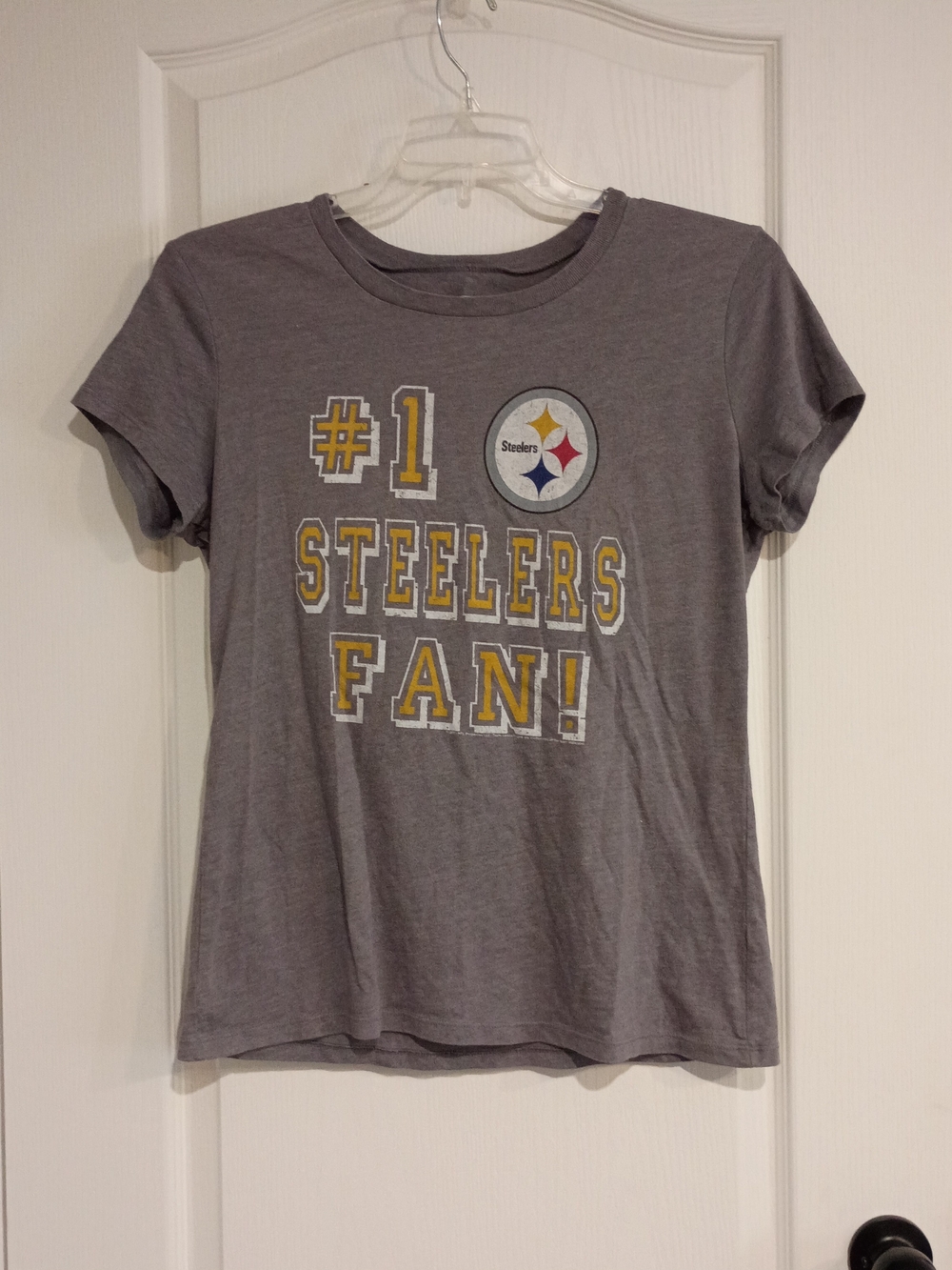 NFL Gray Womens "#1 Steelers Fan" Graphic Tee with Yellow Accents